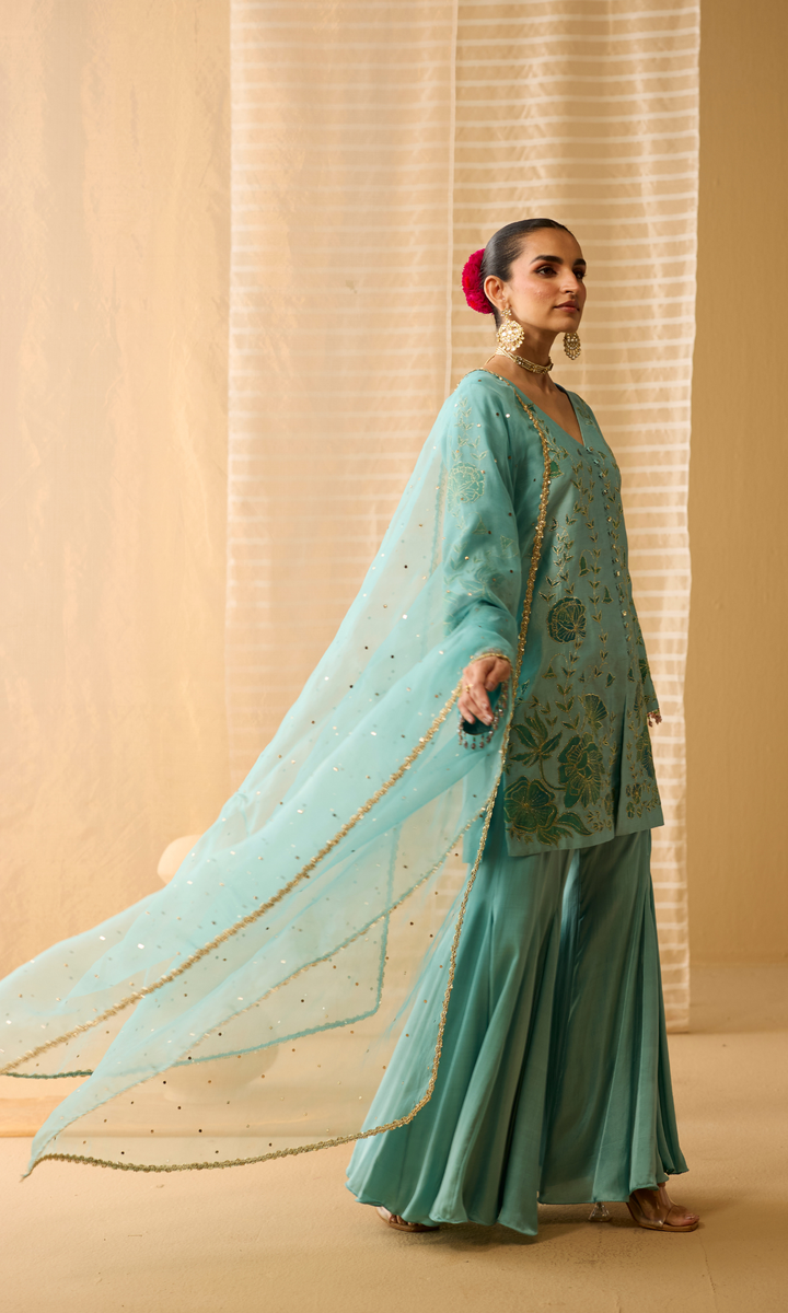 Liyana Set- Chanderi Embroidered Kurta with Satin Sharara and Mukaish Dupatta (set of 3)
