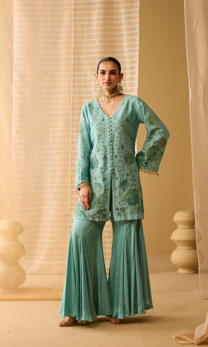 Liyana Set- Chanderi Embroidered Kurta with Satin Sharara and Mukaish Dupatta (set of 3)