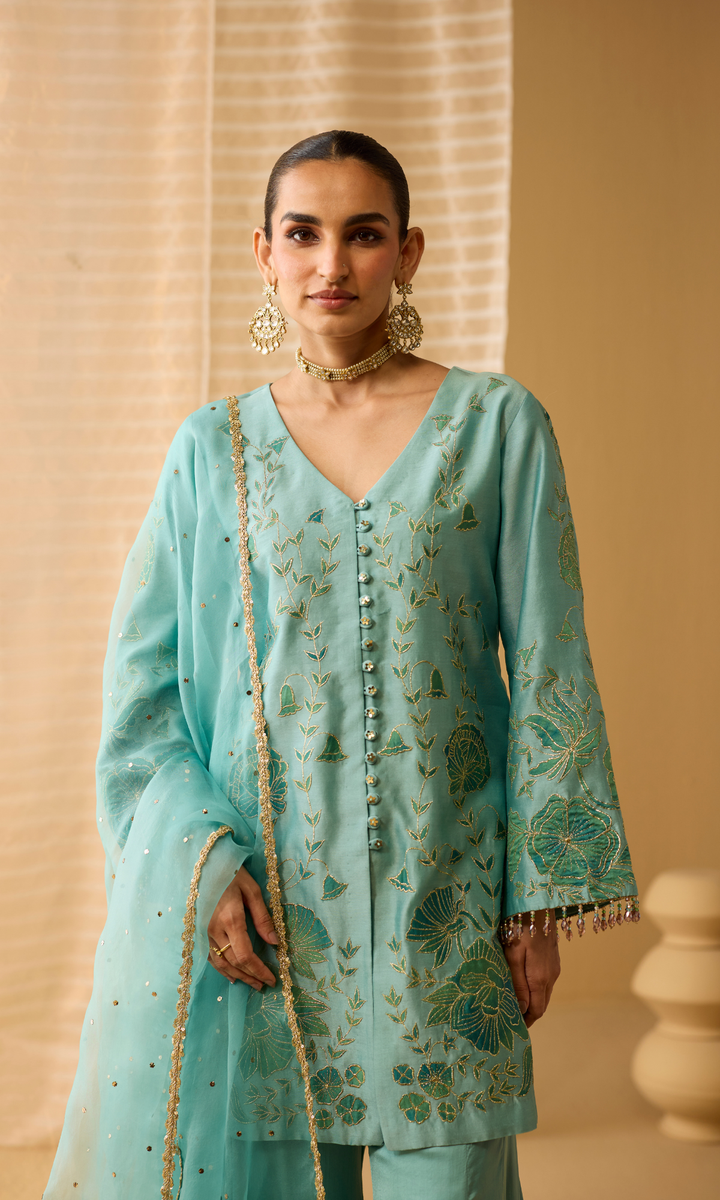 Liyana Set- Chanderi Embroidered Kurta with Satin Sharara and Mukaish Dupatta (set of 3)