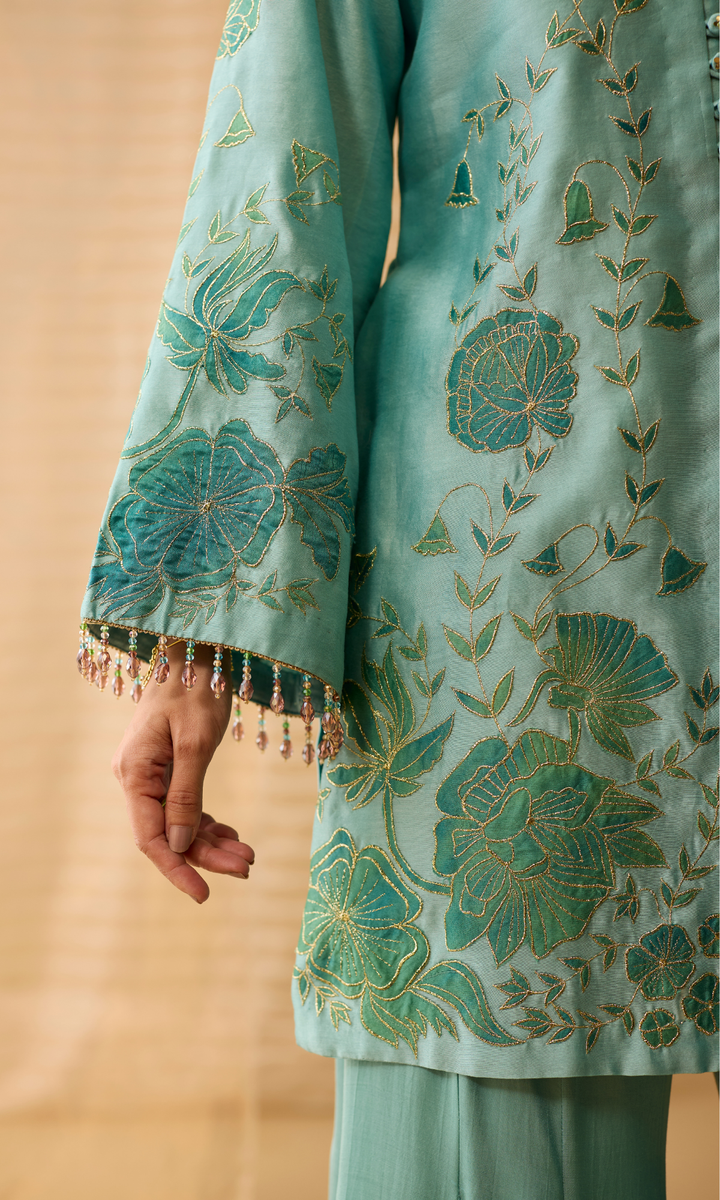 Liyana Set- Chanderi Embroidered Kurta with Satin Sharara and Mukaish Dupatta (set of 3)