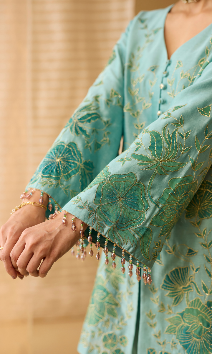 Liyana Set- Chanderi Embroidered Kurta with Satin Sharara and Mukaish Dupatta (set of 3)