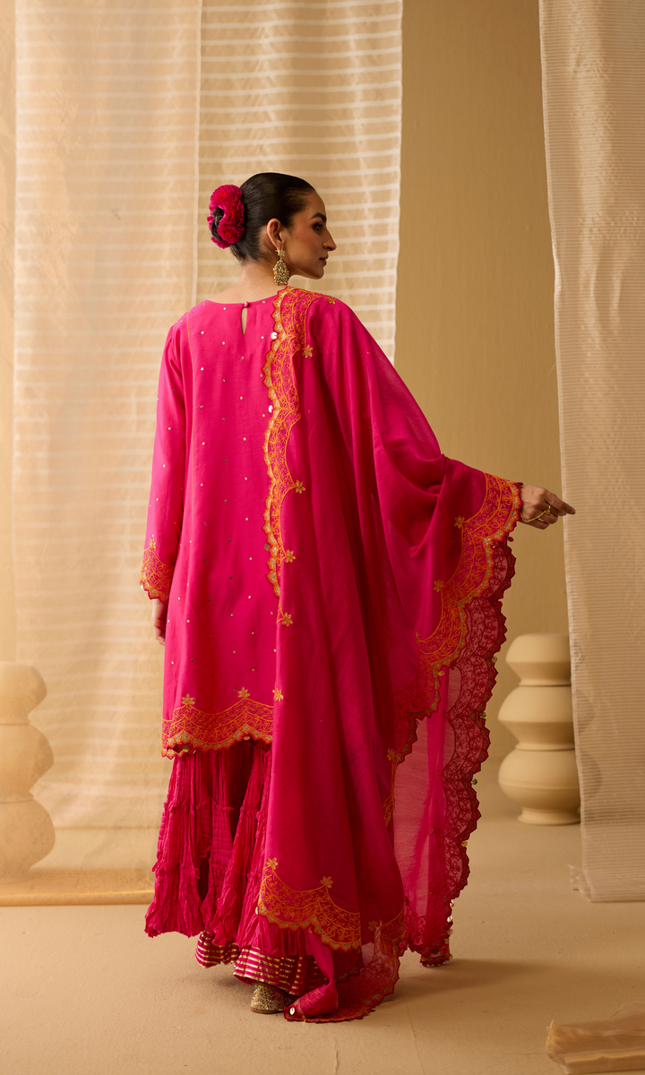 Dua Sharara Set- Hot Pink Chanderi Dori Embroidered & Mukaish Double Layered Sharara Set (Set of 3)