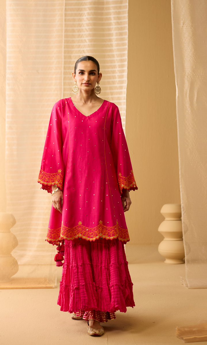 Dua Sharara Set- Hot Pink Chanderi Dori Embroidered & Mukaish Double Layered Sharara Set (Set of 3)
