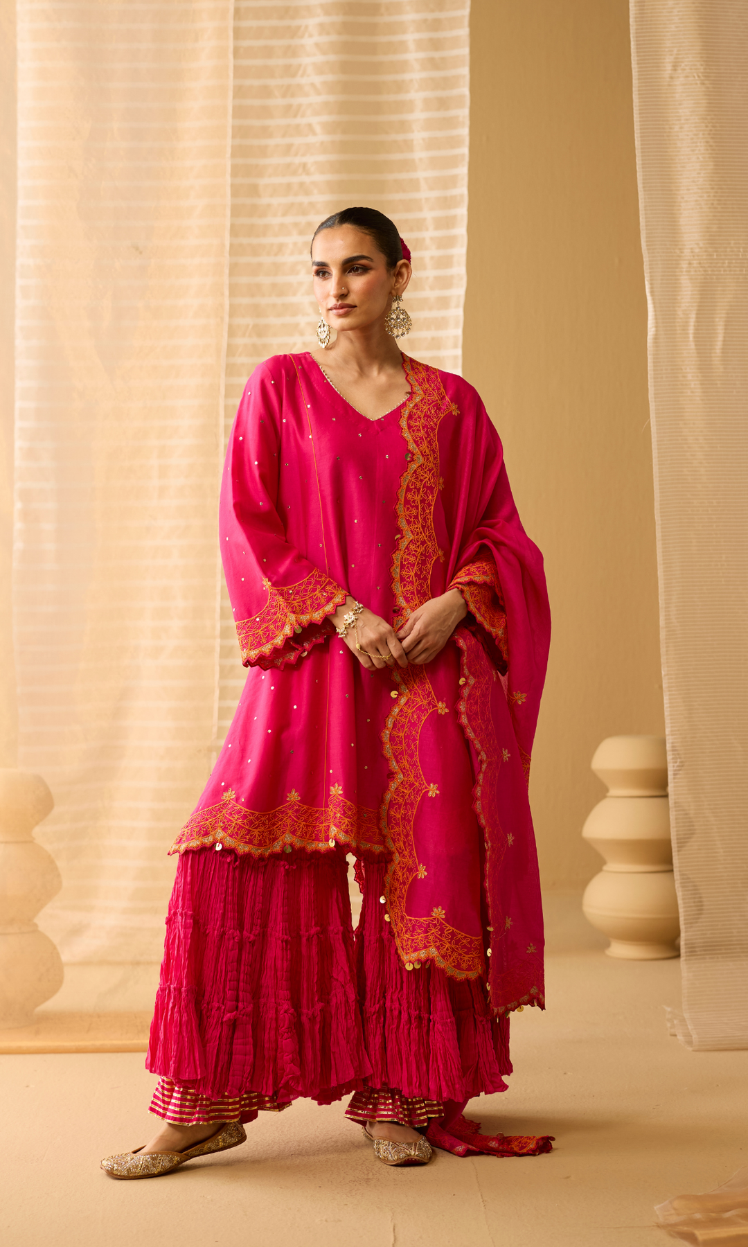 Dua Sharara Set- Hot Pink Chanderi Dori Embroidered & Mukaish Double Layered Sharara Set (Set of 3)