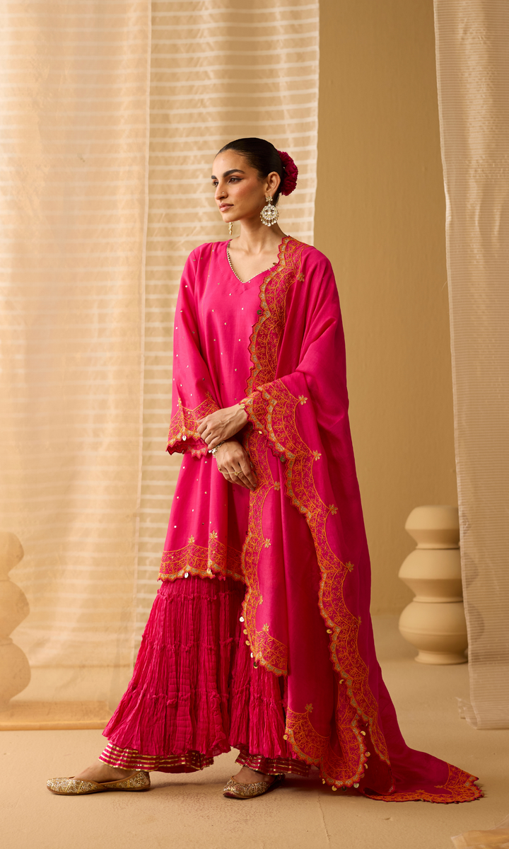 Dua Sharara Set- Hot Pink Chanderi Dori Embroidered & Mukaish Double Layered Sharara Set (Set of 3)