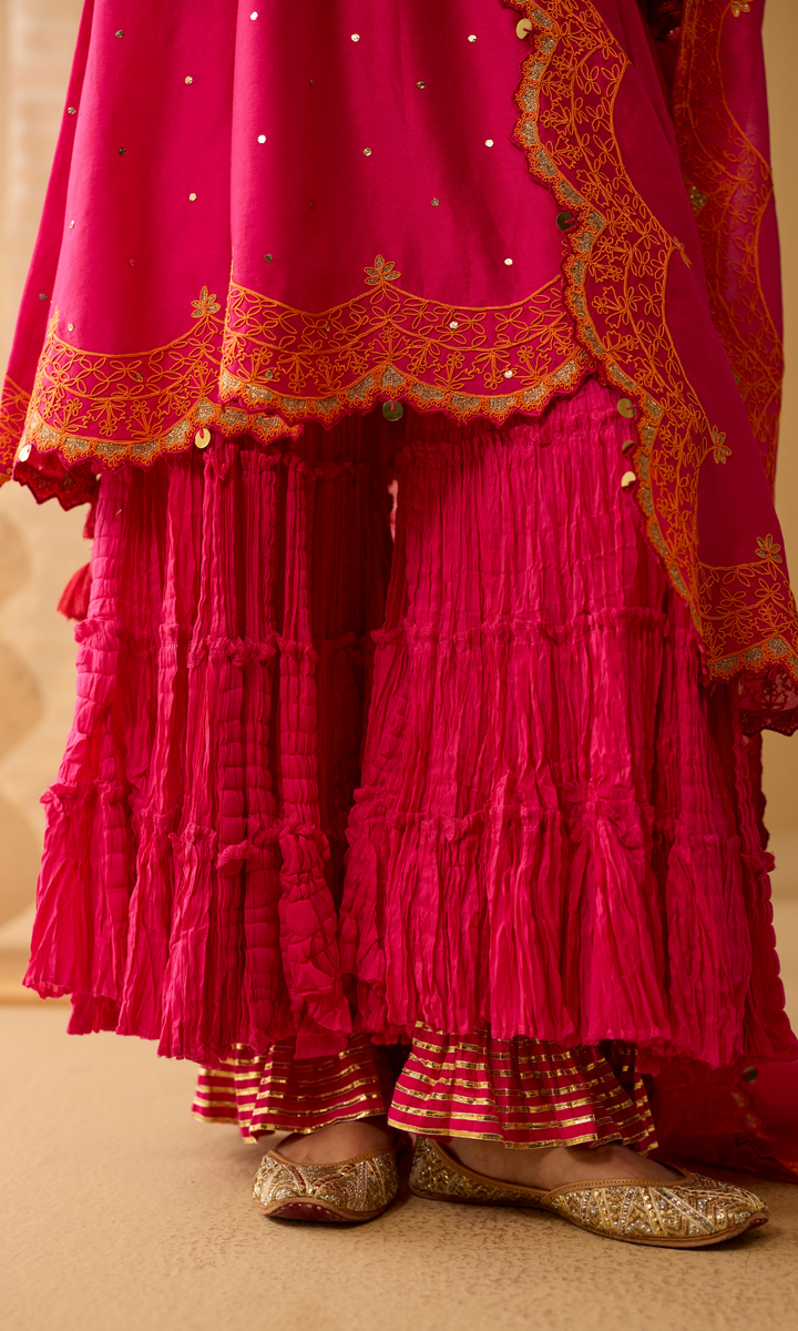 Dua Sharara Set- Hot Pink Chanderi Dori Embroidered & Mukaish Double Layered Sharara Set (Set of 3)