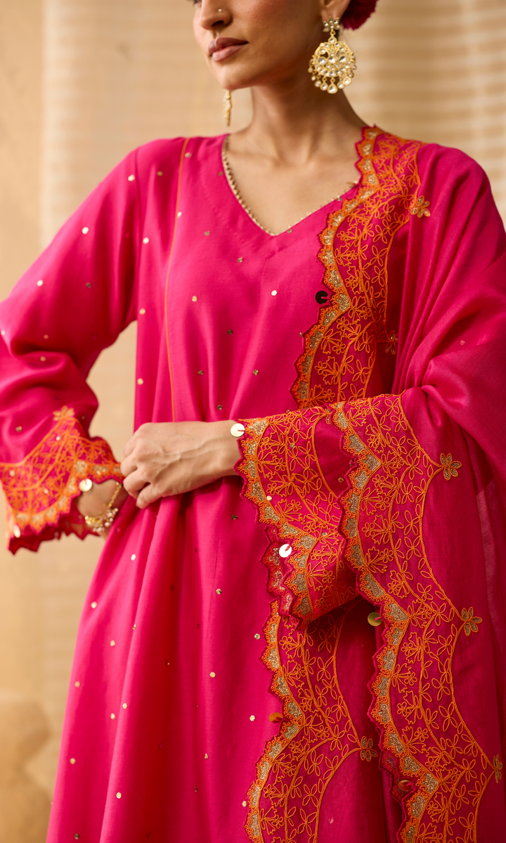 Dua Sharara Set- Hot Pink Chanderi Dori Embroidered & Mukaish Double Layered Sharara Set (Set of 3)