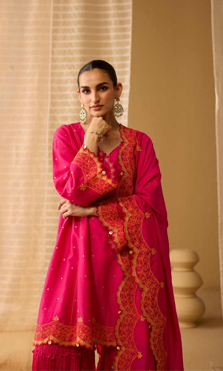 Dua Sharara Set- Hot Pink Chanderi Dori Embroidered & Mukaish Double Layered Sharara Set (Set of 3)