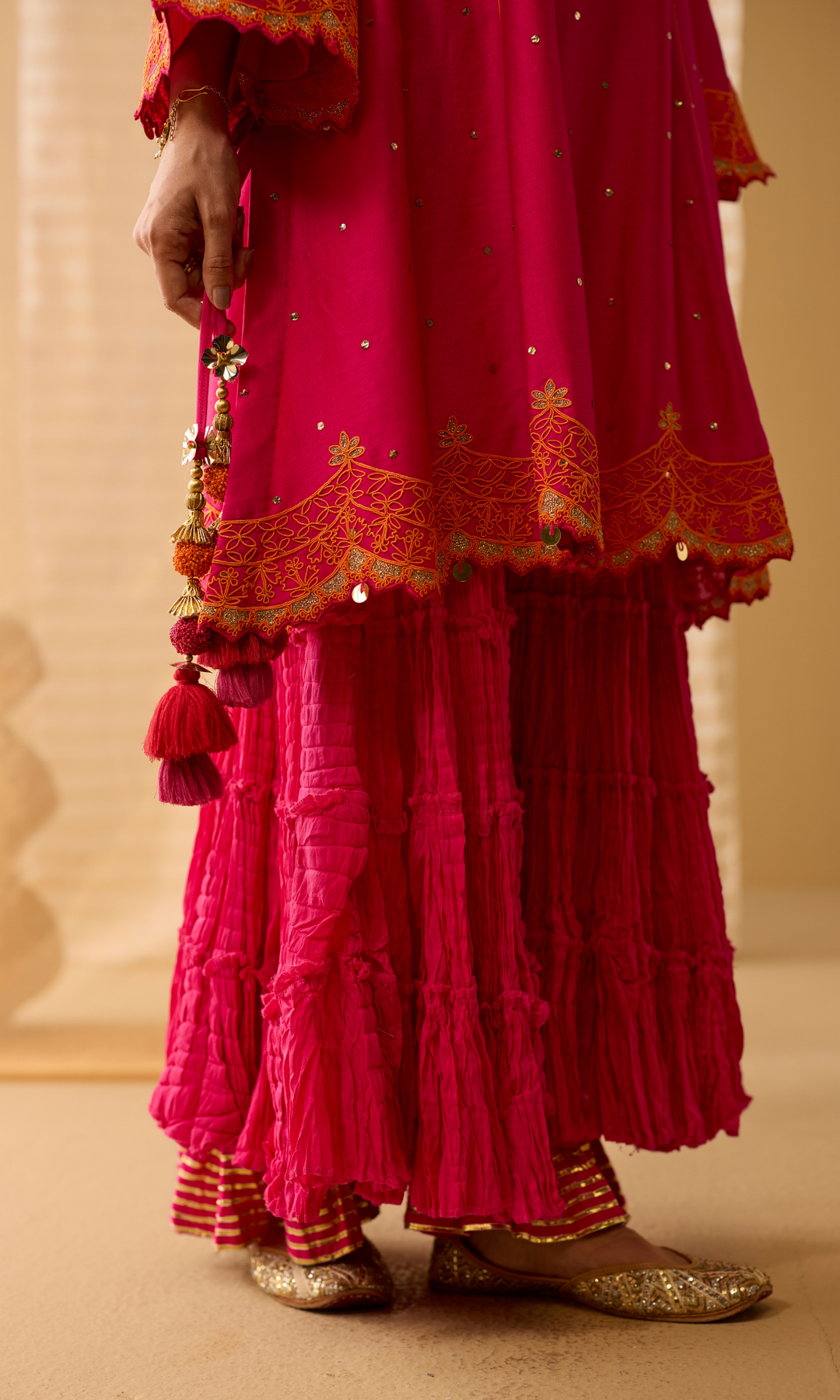 Dua Sharara Set- Hot Pink Chanderi Dori Embroidered & Mukaish Double Layered Sharara Set (Set of 3)