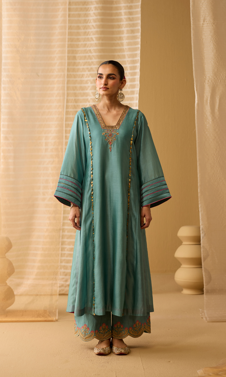 Ariba Set- Chanderi Embroidered Kurta with Scallop Pants