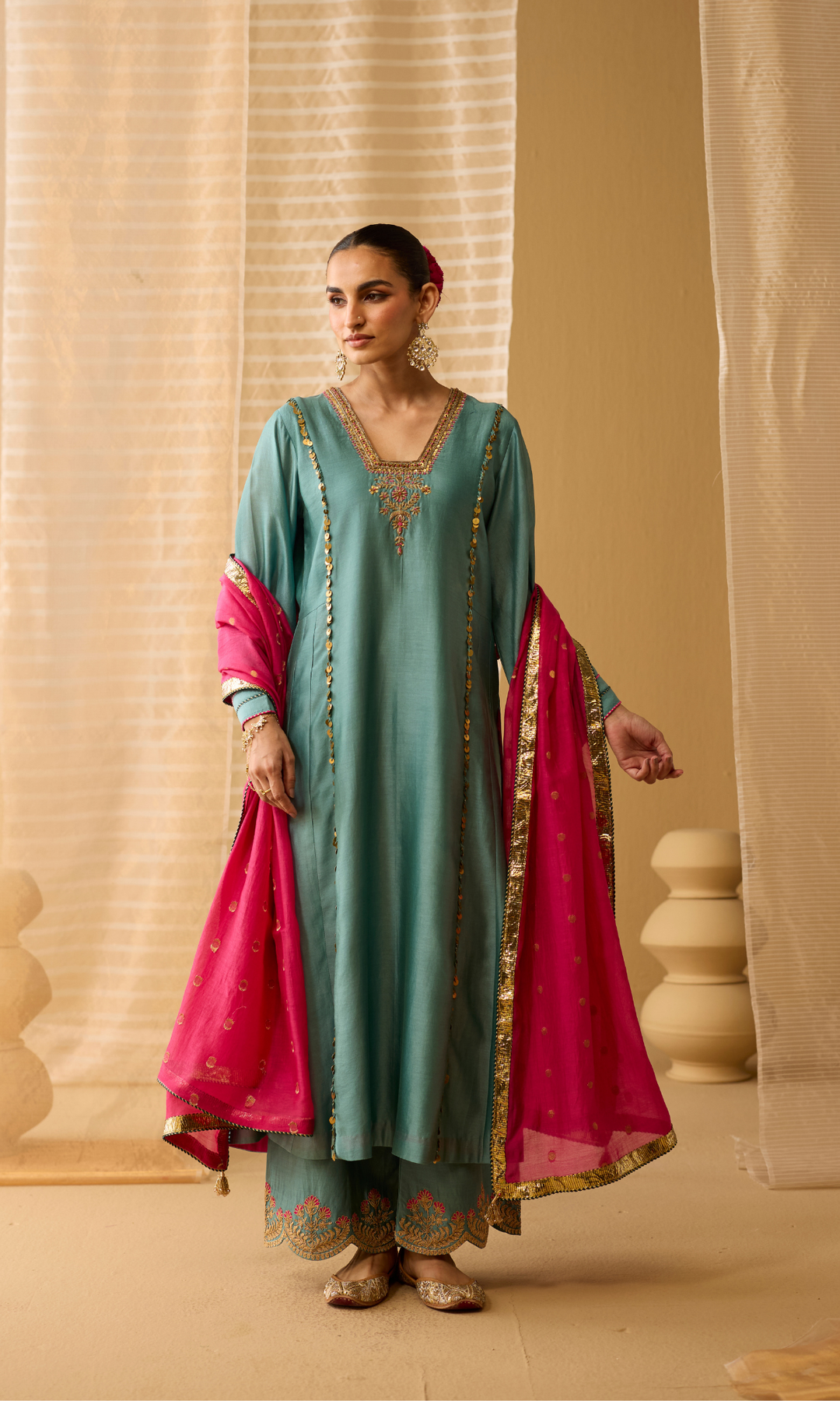 Ariba Set- Chanderi Embroidered Kurta with Scallop Pants