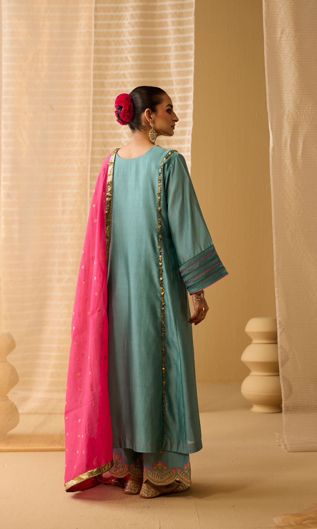 Ariba Set- Chanderi Embroidered Kurta with Scallop Pants