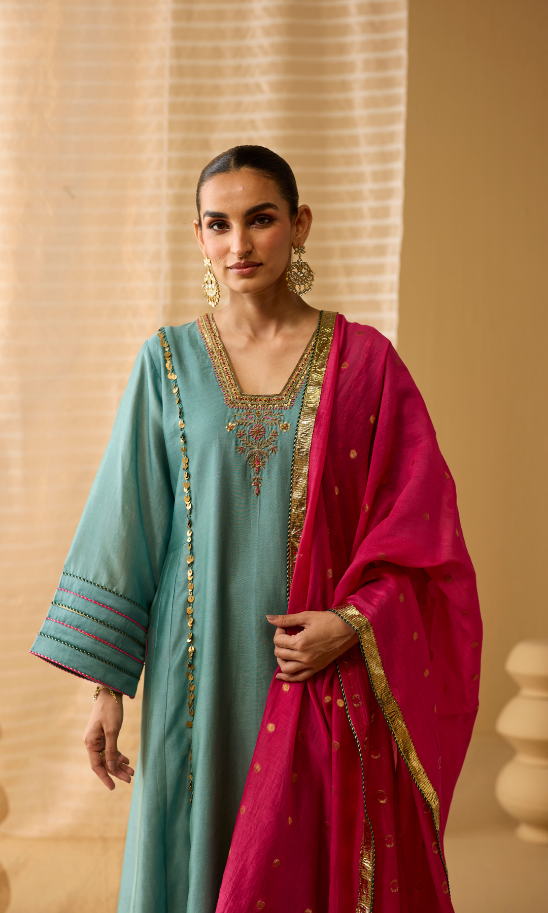 Ariba Set- Chanderi Embroidered Kurta with Scallop Pants