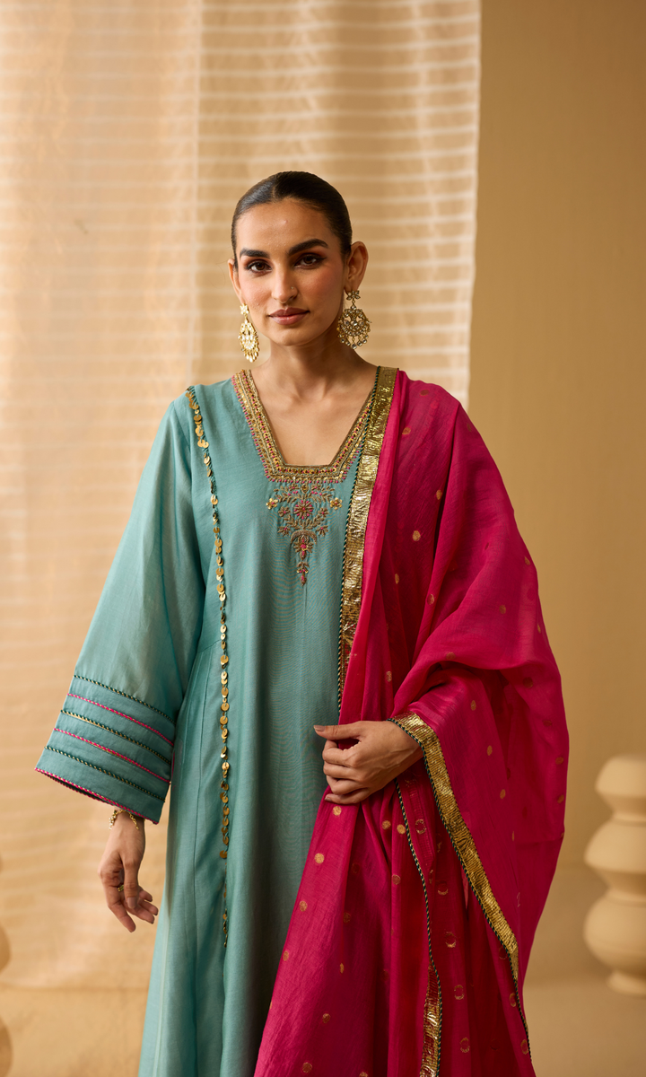 Ariba Set- Chanderi Embroidered Kurta with Scallop Pants