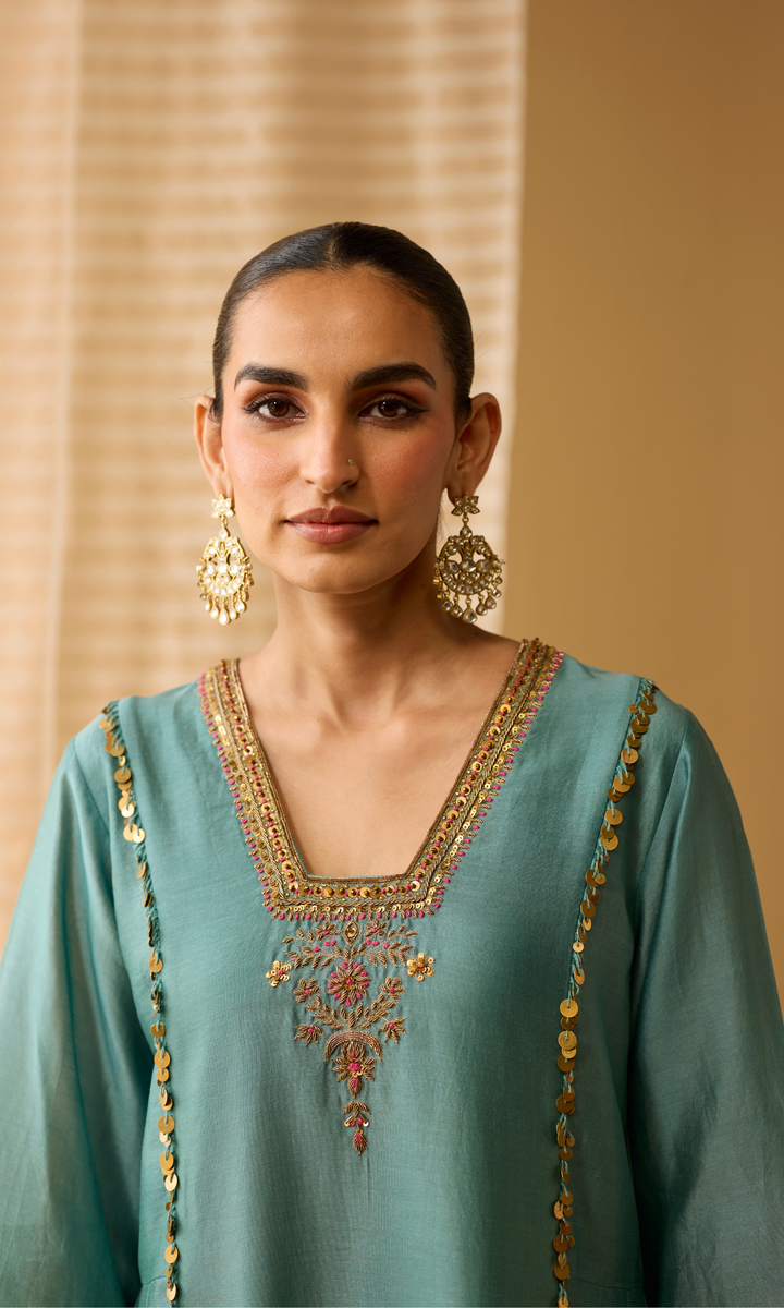 Ariba Set- Chanderi Embroidered Kurta with Scallop Pants