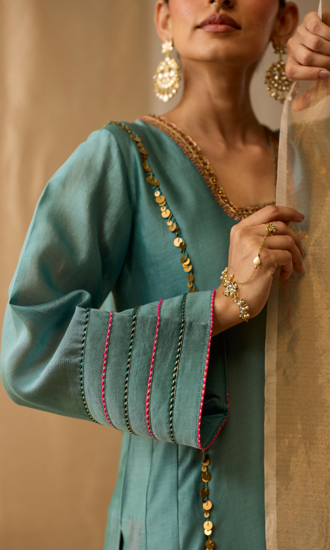 Ariba Set- Chanderi Embroidered Kurta with Scallop Pants