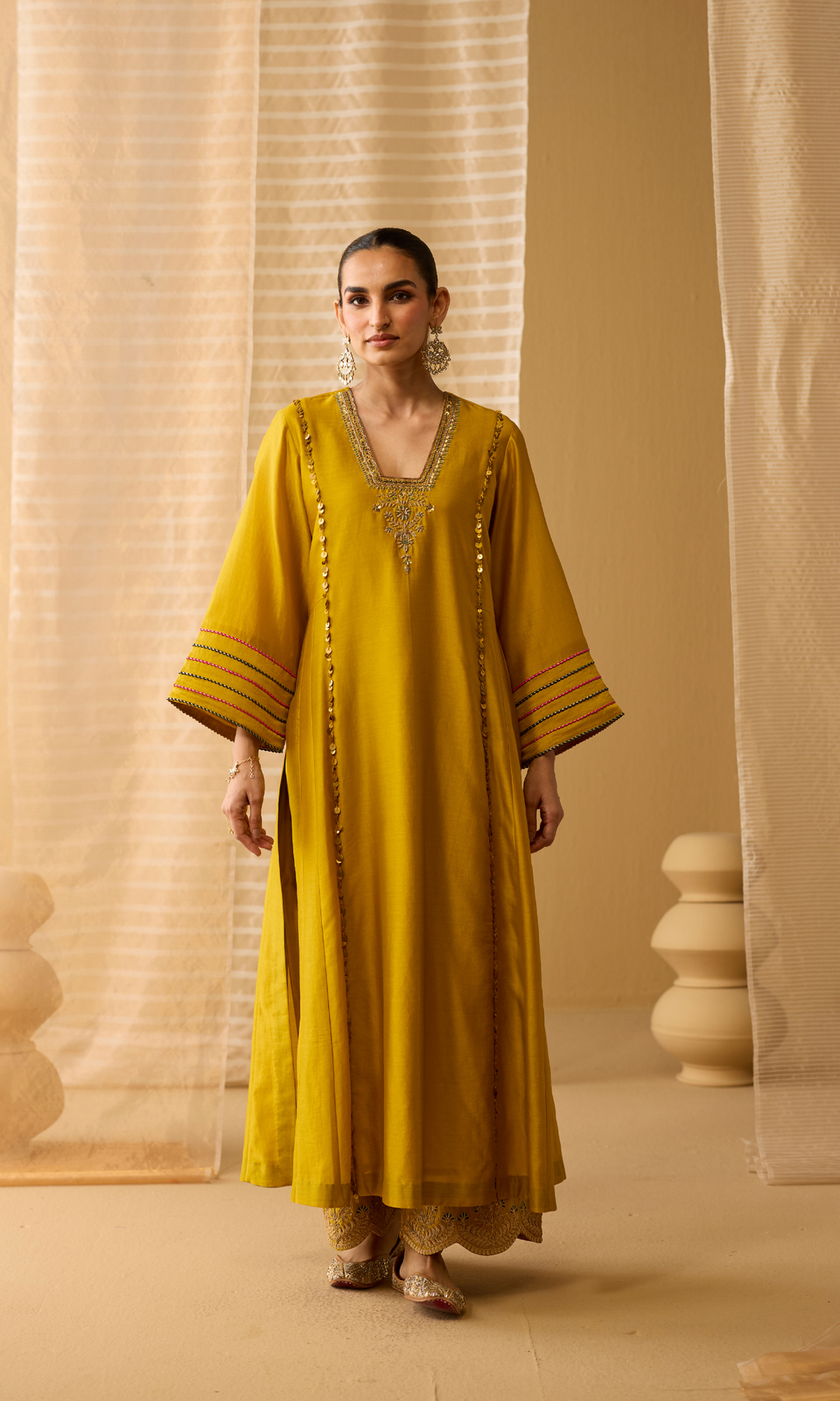 Ariba Set- Chanderi Embroidered Kurta with Scallop Pants