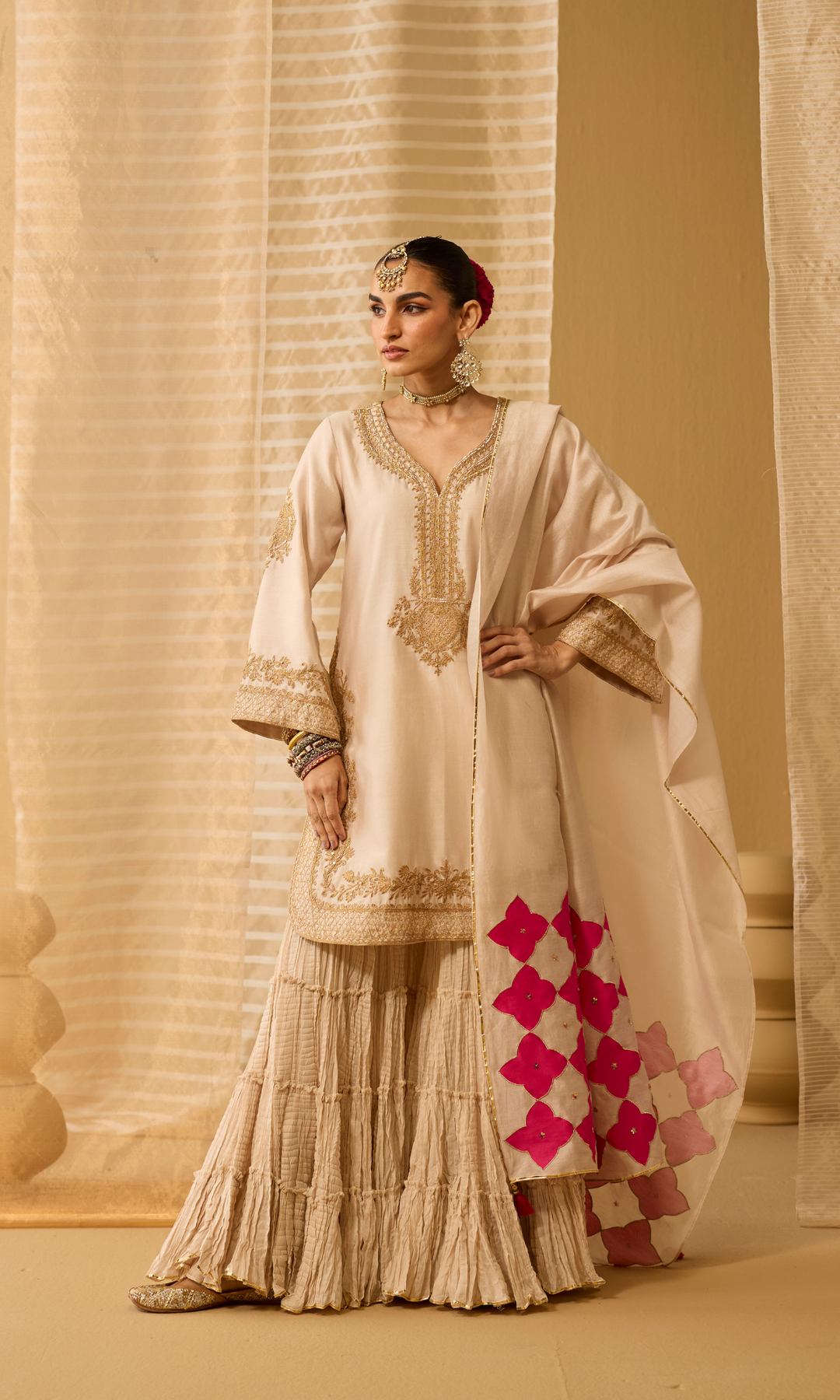 Mahira Set- Chanderi Embroidered Kurta with Sharara and Applique Dupatta (set of 3)