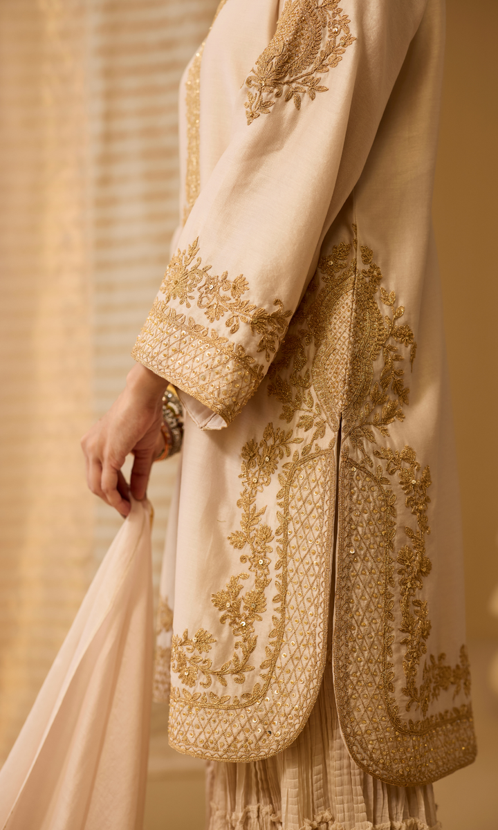 Mahira Set- Chanderi Embroidered Kurta with Sharara and Applique Dupatta (set of 3)