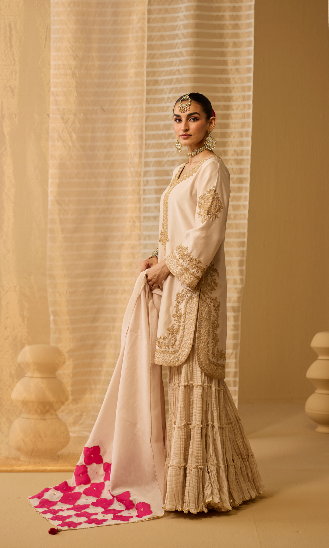 Mahira Set- Chanderi Embroidered Kurta with Sharara and Applique Dupatta (set of 3)