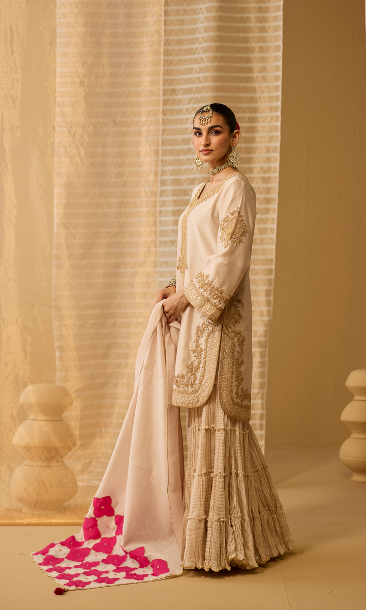 Mahira Set- Chanderi Embroidered Kurta with Sharara and Applique Dupatta (set of 3)