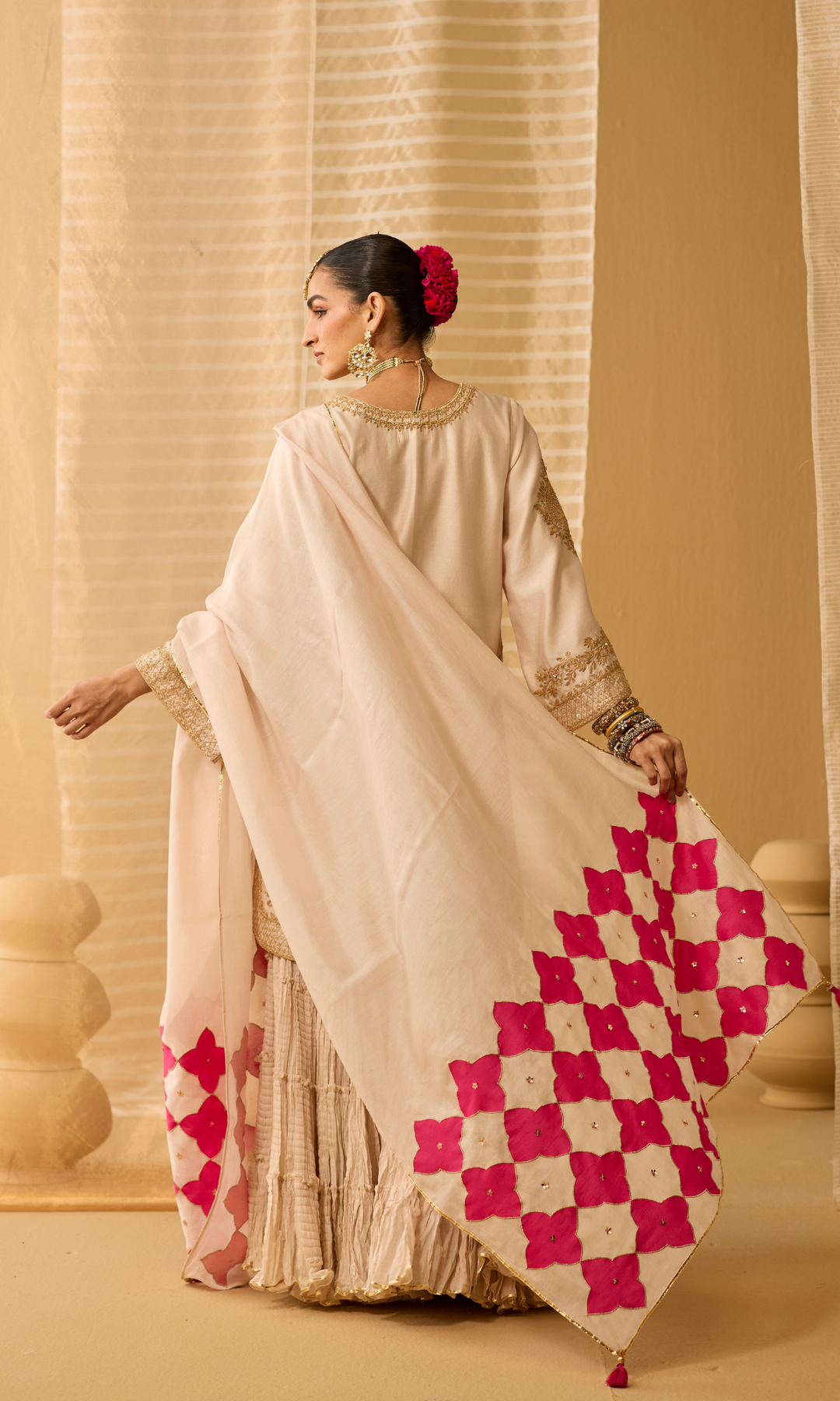 Mahira Set- Chanderi Embroidered Kurta with Sharara and Applique Dupatta (set of 3)