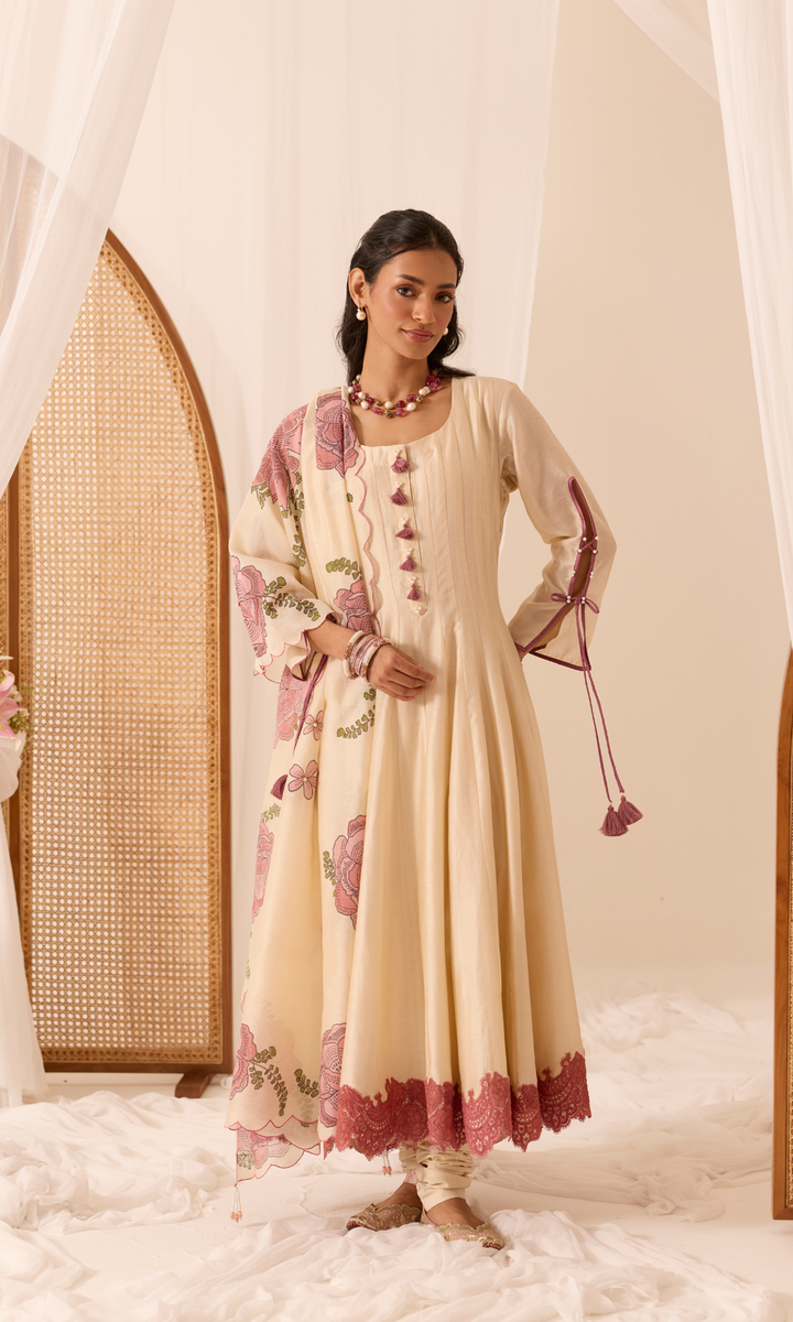 Adah Set- Chanderi Block Printed Floral Anarkali (set of 3)