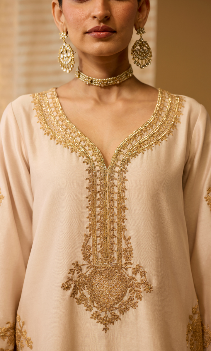 Parisa Set- Chanderi Embroidered Kurta with Sharara and Floral Dupatta (set of 3)