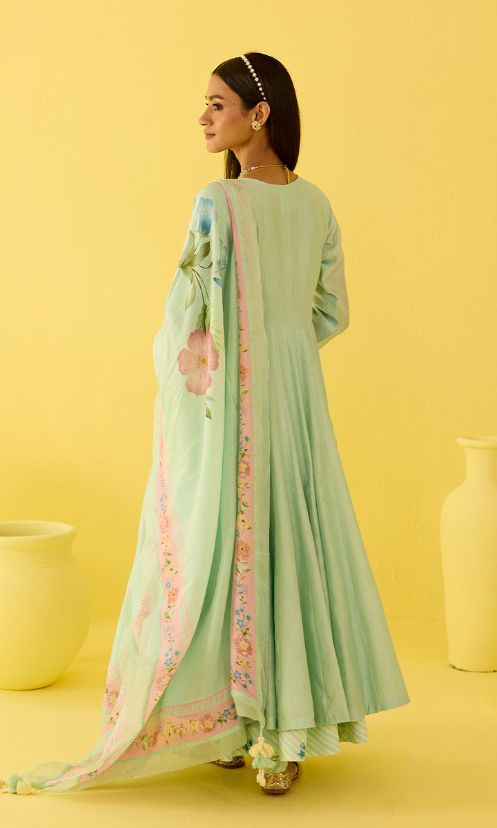 Parisa Set- Chanderi hand embroidered anarkali with printed churidar and dupatta (set of 3)