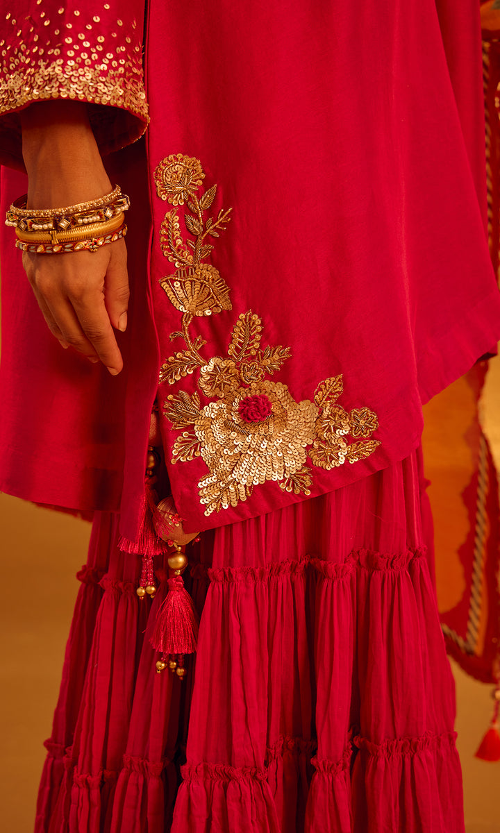 Safina Set- Pastel Pink & lemon Chanderi Embroidered Double Layered Sharara Set (Set of 3)