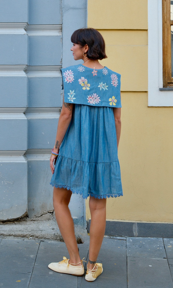 Clara- Flared denim dress with appliqué work