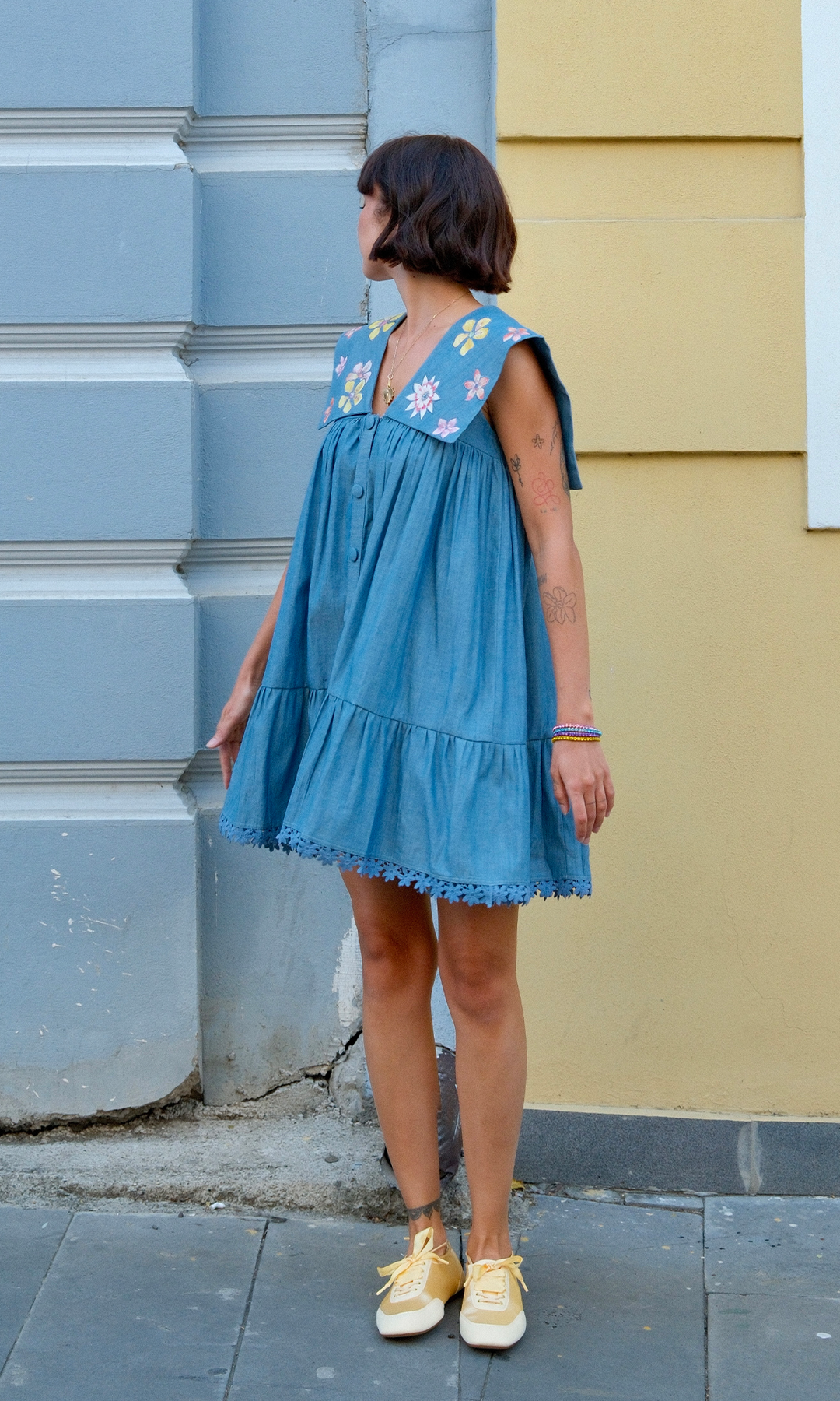 Clara- Flared denim dress with appliqué work