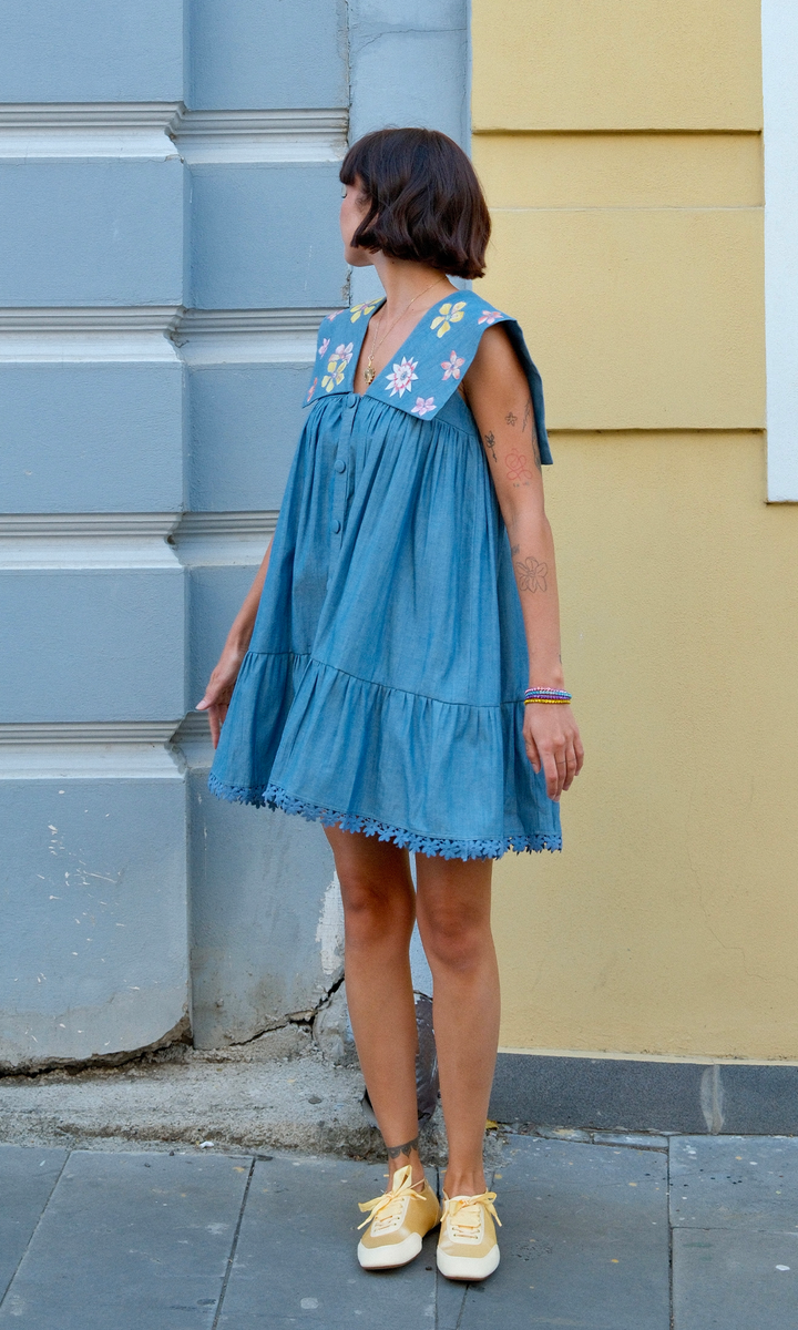 Clara- Flared denim dress with appliqué work