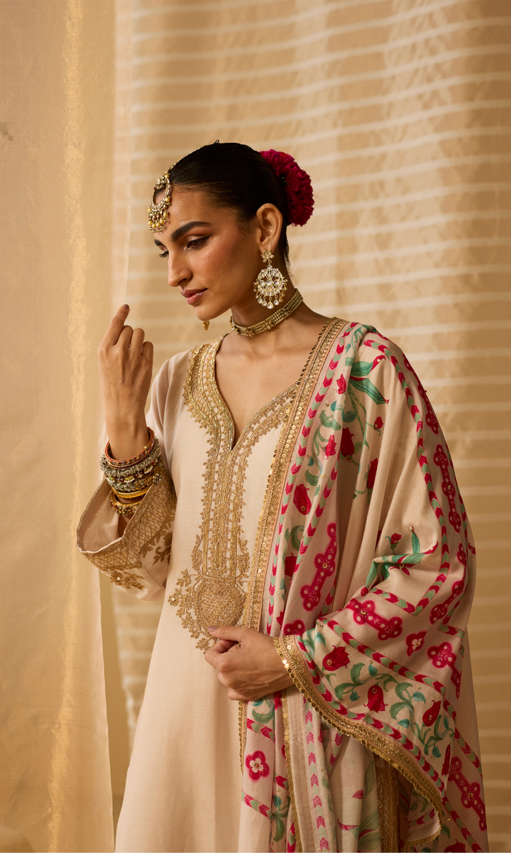 Parisa Set- Chanderi Embroidered Kurta with Sharara and Floral Dupatta (set of 3)