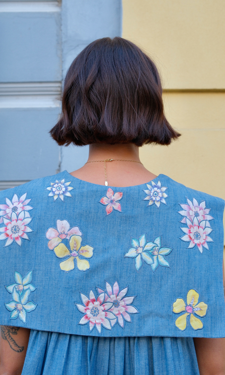 Clara- Flared denim dress with appliqué work
