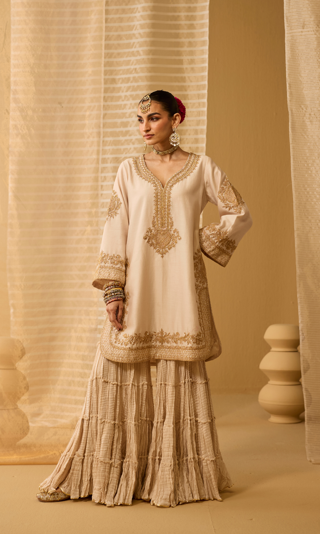 Mahira Set- Chanderi Embroidered Kurta with Sharara and Applique Dupatta (set of 3)