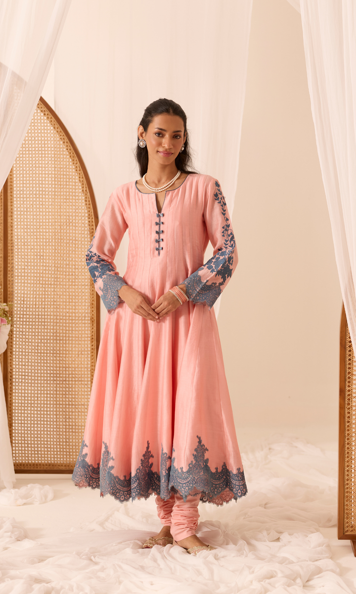 Mehr Set- Chanderi Patchwork Lace Floral Anarkali (set of 3)