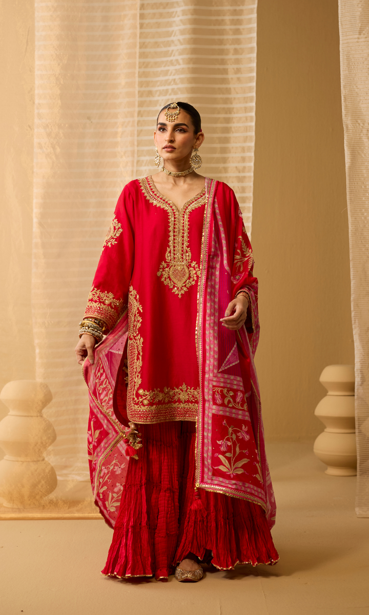 Parisa Set- Chanderi Embroidered Kurta with Sharara and Floral Dupatta (set of 3)