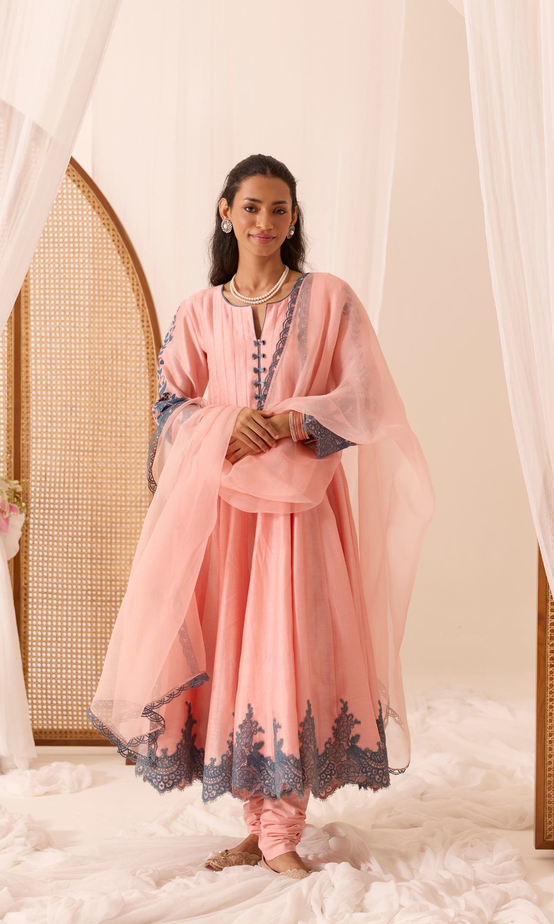 Mehr Set- Chanderi Patchwork Lace Floral Anarkali (set of 3)