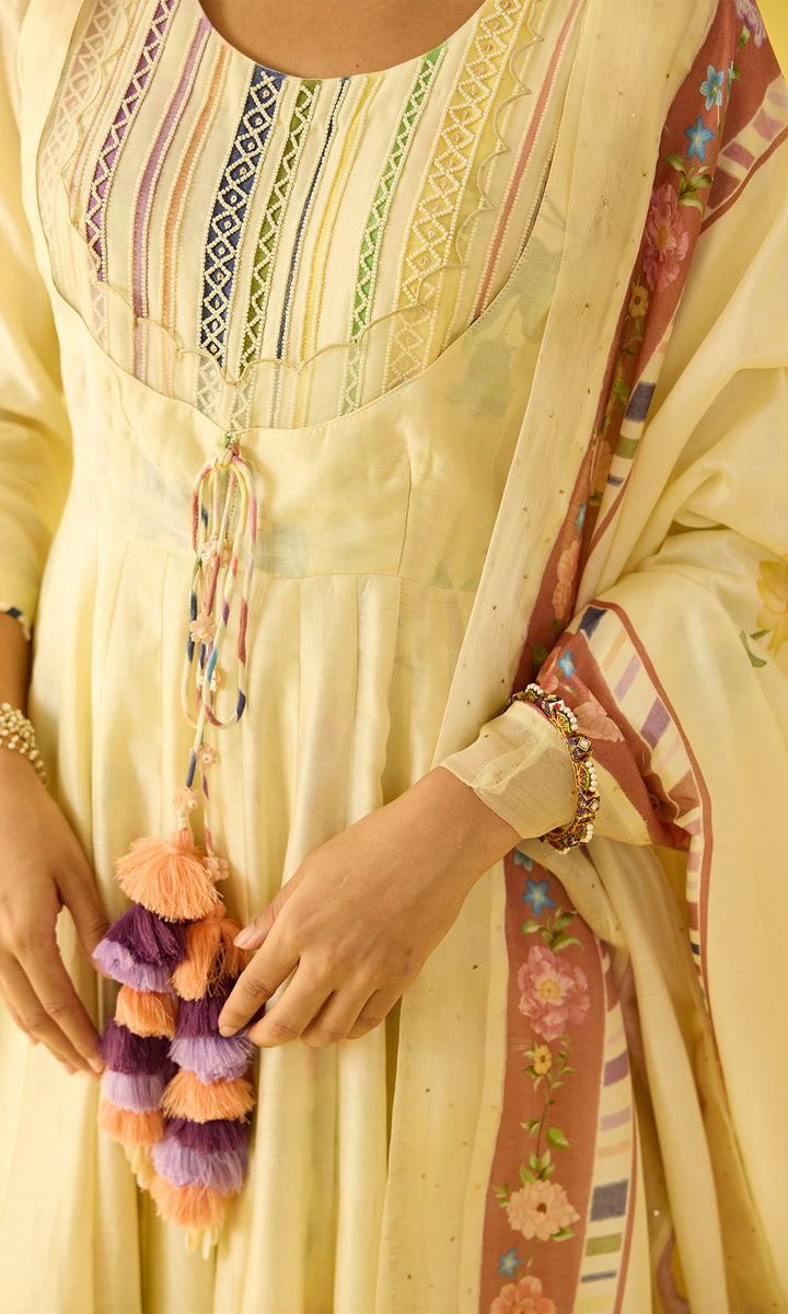 Parisa Set- Chanderi hand embroidered anarkali with printed churidar and dupatta (set of 3)