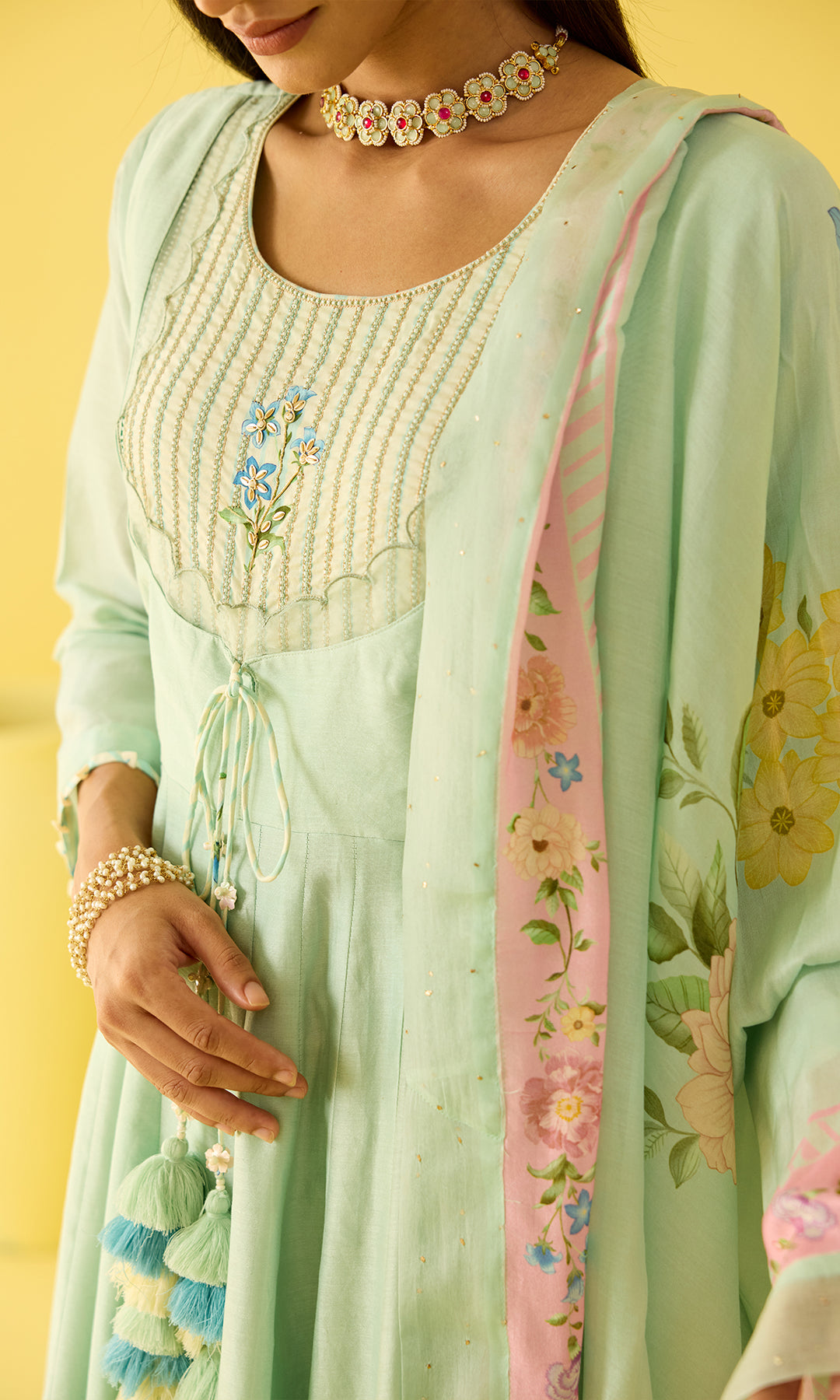 Parisa Set- Chanderi hand embroidered anarkali with printed churidar and dupatta (set of 3)