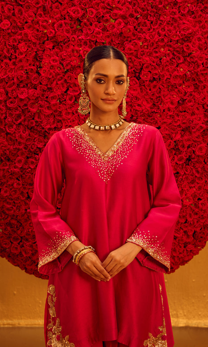Safina Set- Pastel Pink & lemon Chanderi Embroidered Double Layered Sharara Set (Set of 3)