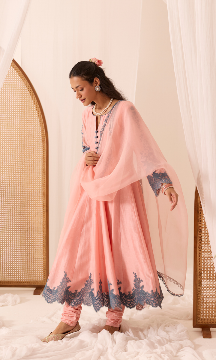 Mehr Set- Chanderi Patchwork Lace Floral Anarkali (set of 3)