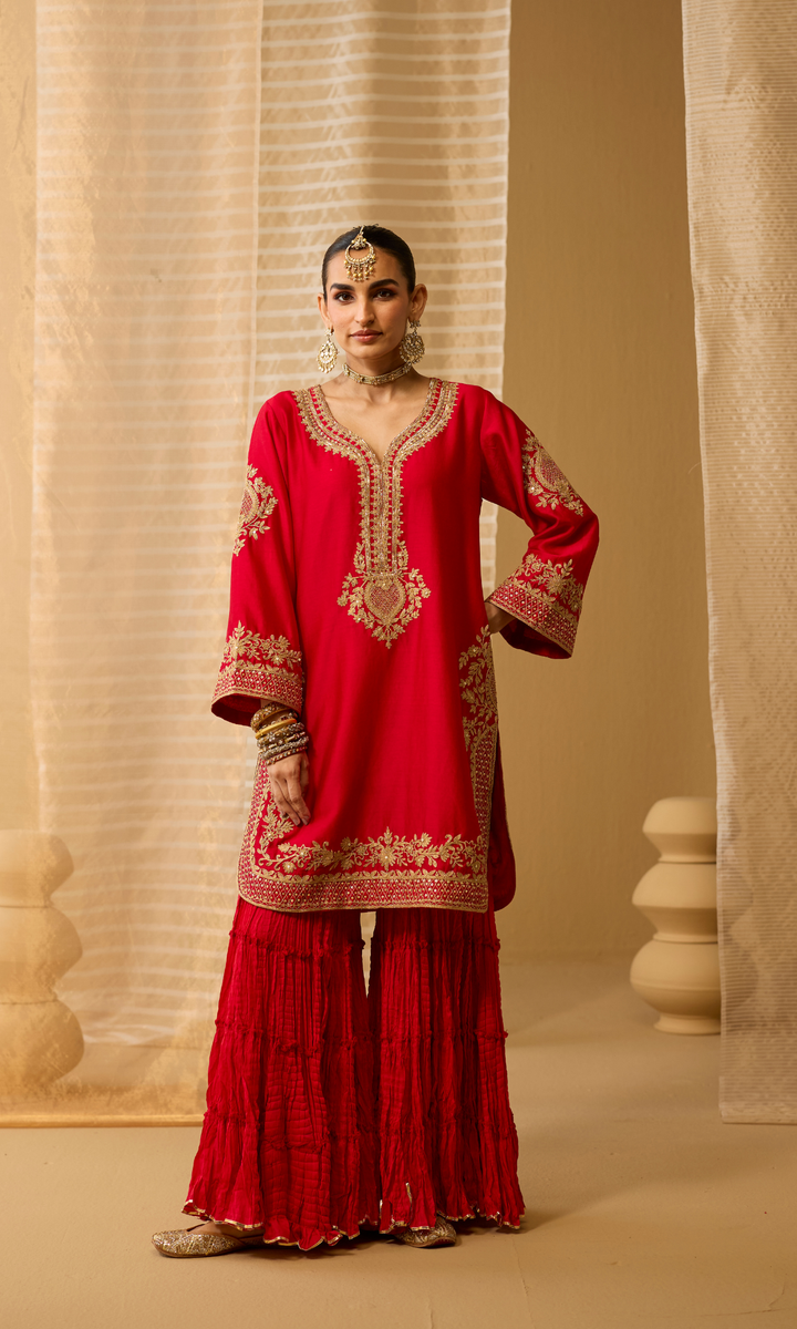 Parisa Set- Chanderi Embroidered Kurta with Sharara and Floral Dupatta (set of 3)