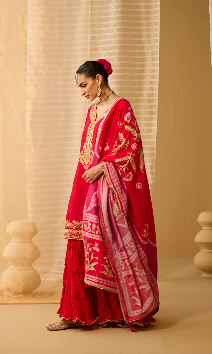 Parisa Set- Chanderi Embroidered Kurta with Sharara and Floral Dupatta (set of 3)