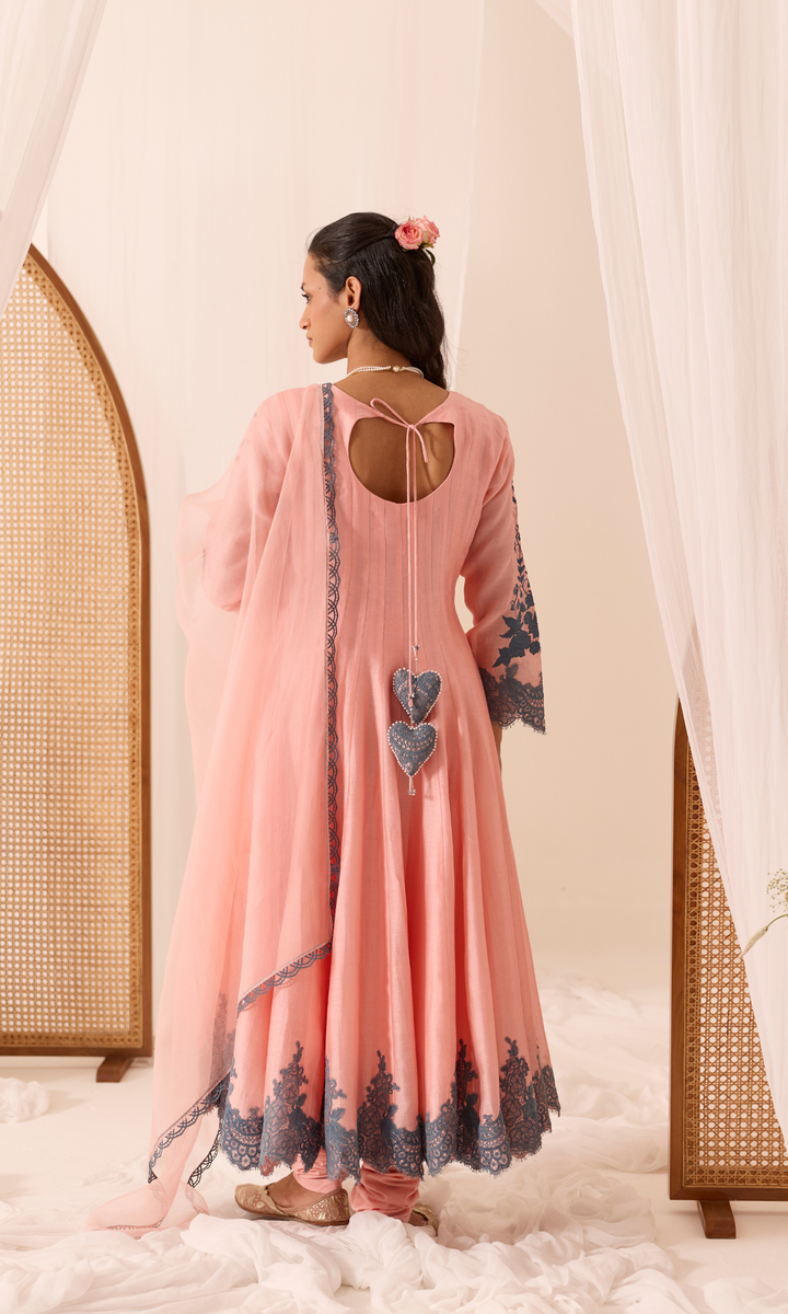 Mehr Set- Chanderi Patchwork Lace Floral Anarkali (set of 3)