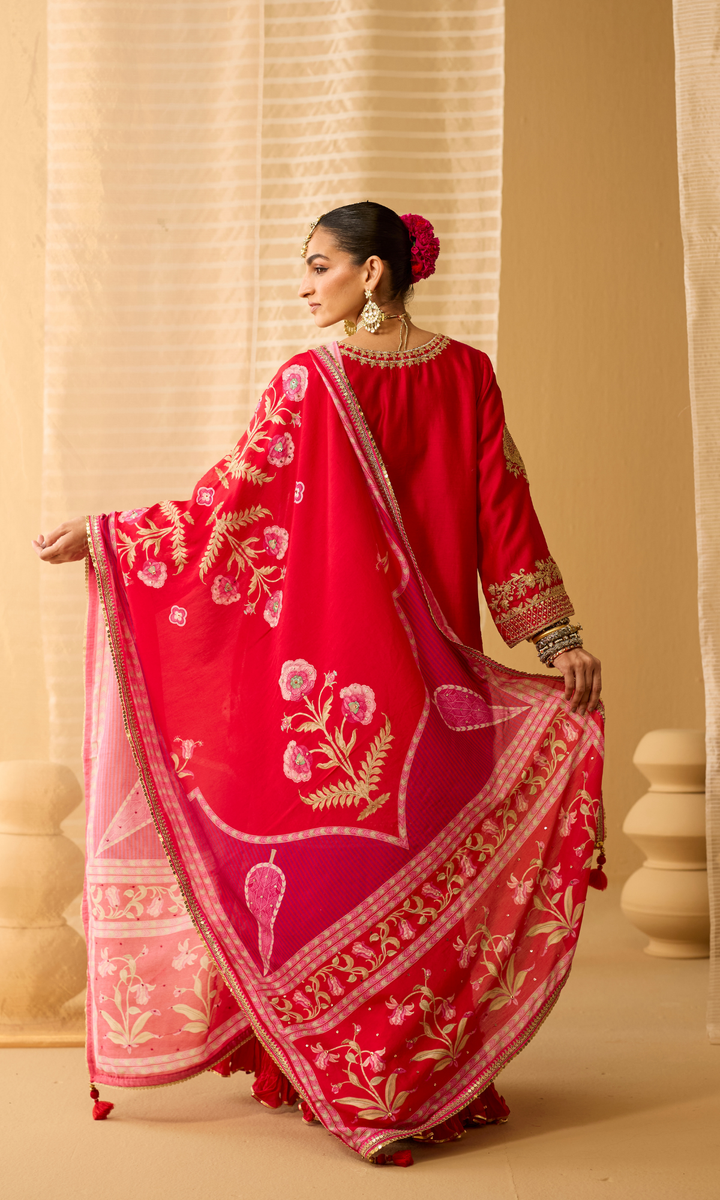 Parisa Set- Chanderi Embroidered Kurta with Sharara and Floral Dupatta (set of 3)