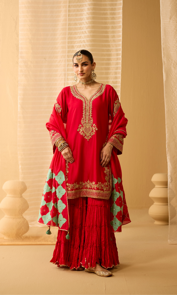 Mahira Set- Chanderi Embroidered Kurta with Sharara and Applique Dupatta (set of 3)