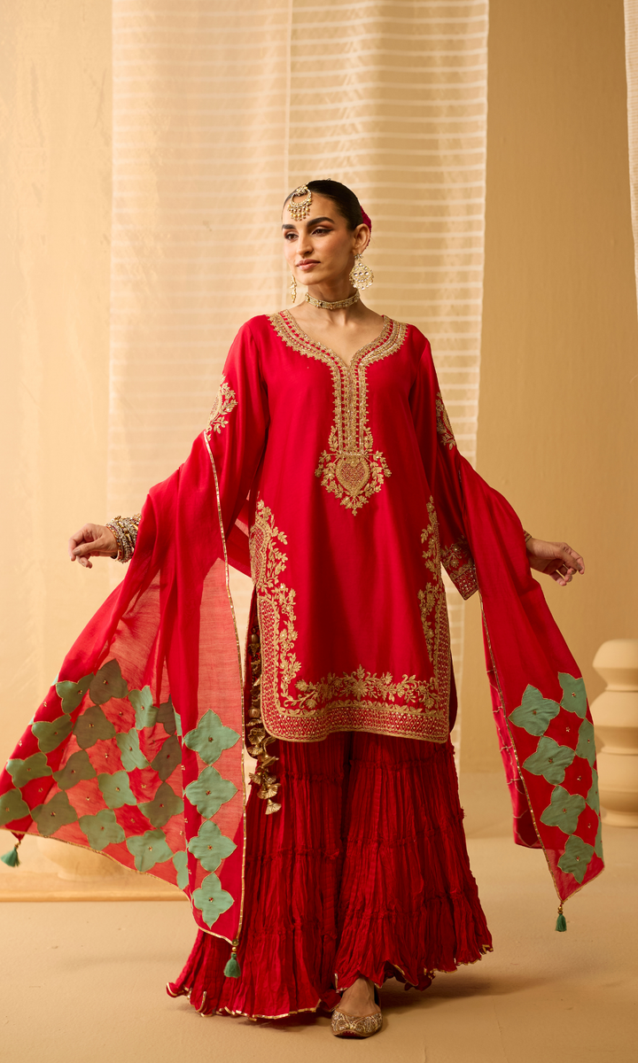 Mahira Set- Chanderi Embroidered Kurta with Sharara and Applique Dupatta (set of 3)