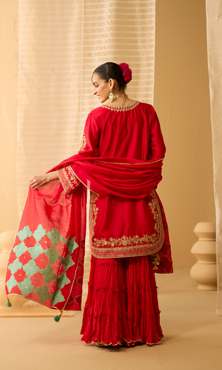 Mahira Set- Chanderi Embroidered Kurta with Sharara and Applique Dupatta (set of 3)